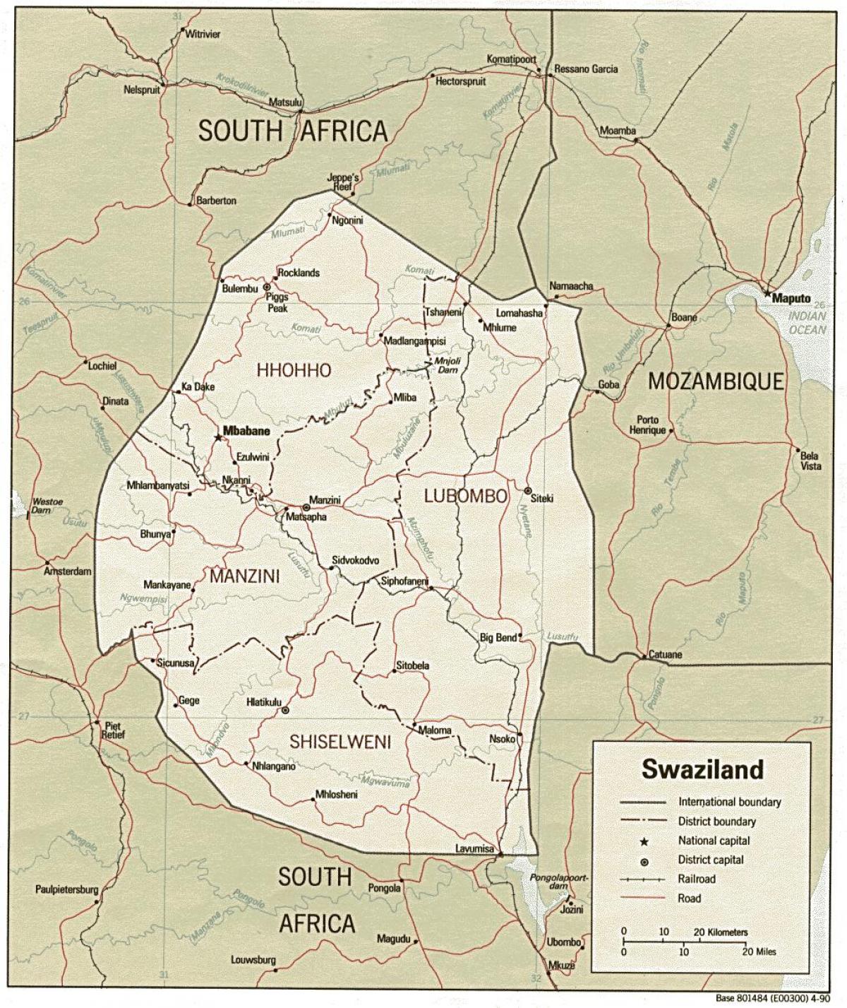 mapa de Swazilandia mostrando los puestos fronterizos
